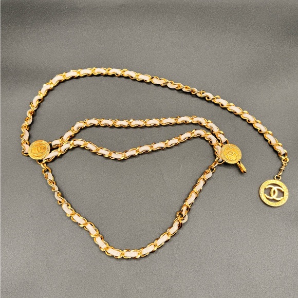CHANEL CC Logo Charm Chain Belt Leather Gold White with box SMALL - Picture 9 of 10
